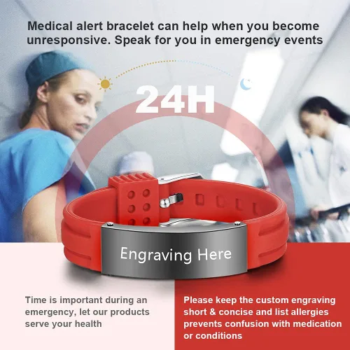 Vista 39 de OPALSTOCK Pulseras médicas personalizadas de silicona ajustable para identificación de emergencias, grabado gratuito, 9 pulgadas, resistente al