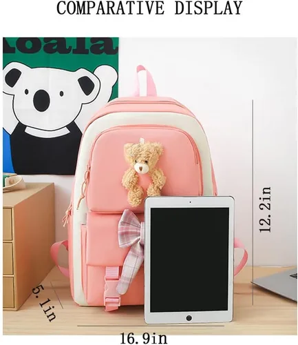 Vista 4 de Lokkcy Juego de 4 mochilas Kawaii con bonitos colgantes e insignia, mochila escolar japonesa y mochila para niñas de 10 a 12 años, Azul, Mochila