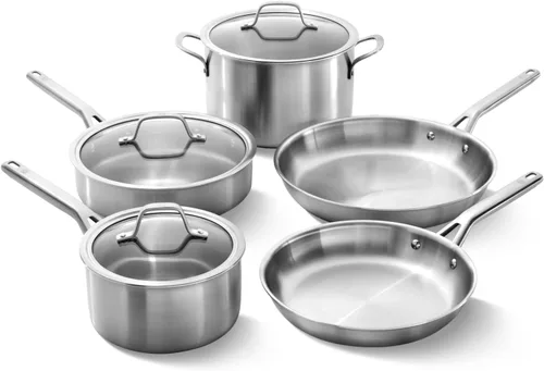 Vista 6 de Calphalon Juego de utensilios de cocina de acero inoxidable cepillado de 3 capas con Turbo Heat Tech 3 piezas, incluye juego de sartenes para freír