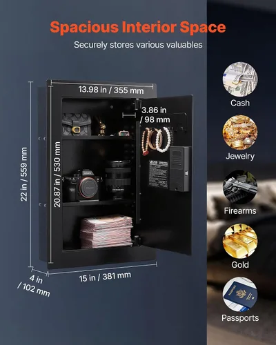 Vista 2 de VEVOR Caja fuerte de pared oculta de 3 niveles con huella digital, contraseña, llave y perilla giratoria, Q235 caja de pared de acero laminado