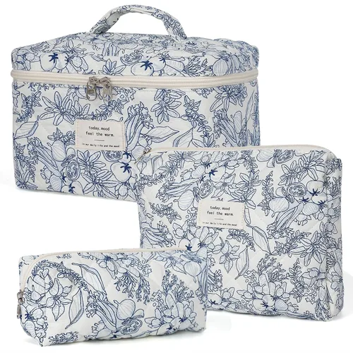 Vista 7 de honitty Bolsa de maquillaje, bolsas de cosméticos acolchadas, bolsas de maquillaje florales grandes para mujeres, organizador de maquillaje, bolsa