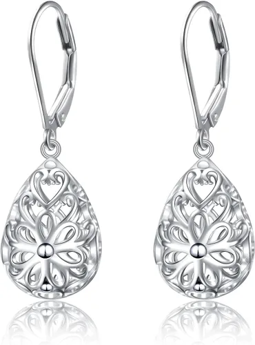 Vista 13 de Aretes colgantes de filigrana de plata de ley 925, margarita, loto, flor de rosa, piedra lunar, lágrima para mujer, nudo celta infinito, margarita