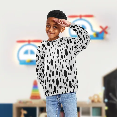Vista 4 de Sudadera con estampado de piel de perro dálmata para niño y niña, suéter de manga larga con cuello redondo, ropa de otoño e invierno
