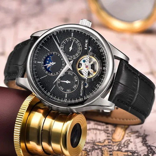 Vista 4 de LIGE Relojes mecánicos de lujo para hombre, reloj de pulsera automático de cuero blanco dorado