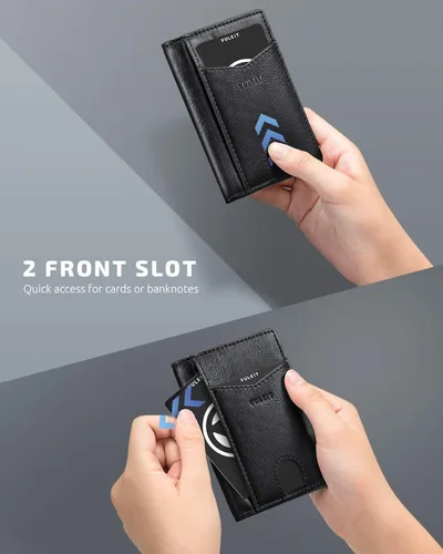 Vista 2 de VULKIT - Cartera de bolsillo frontal con bloqueo RFID minimalista de piel fina para hombres y mujeres