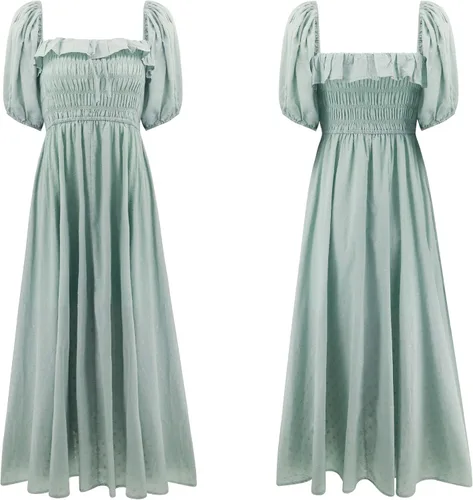 Vista 6 de R.Vivimos - Vestidos largos de verano de media manga para mujer, hechos de algodón, con volantes, estilo vintage, elegantes, con espalda descubierta