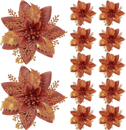 Vista 9 de Canlierr 12 piezas flores de Pascua de Navidad de 5.7 pulgadas con purpurina, flores artificiales con clips, adorno de árbol de Navidad para corona