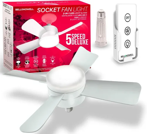 Vista 11 de Bell+Howell Socket Breeze Deluxe, Small Ceiling Fan with LED Light and Remote, Adjustable Speeds and Brightness, Light Socket Fan for Bedroom Negro