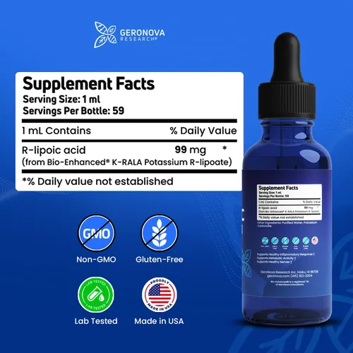 Vista 2 de Geronova Research® La solución R-lipoica, 2 fl oz Líquido de ácido R-lipoico estabilizado en potasio - Salud nerviosa y equilibrio celular - Gotas