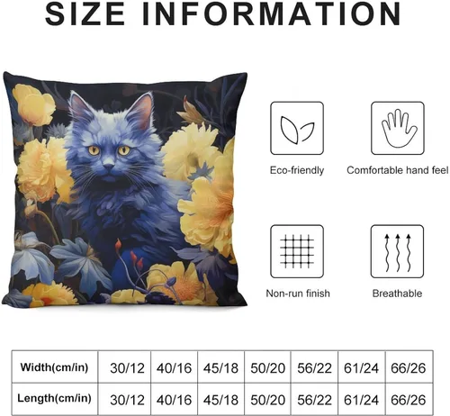 Vista 3 de Blue Cat in Bloom - Funda de almohada decorativa cuadrada suave con estampado de doble cara de 12 x 12 pulgadas, adorables almohadas de animales