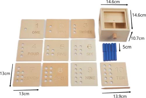Vista 2 de Adena Montessori Juguetes Juego de clavijas de madera para contar del 1 al 10 con números, caja de clavijas y clavijas de volcar – Juguete educativo