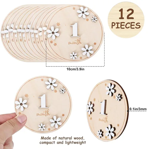 Vista 2 de Whaline 12 tarjetas de hito mensual para bebé, discos de marcador de madera con margarita 3D, letrero de anuncio del mes del bebé, letrero