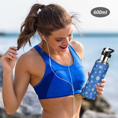Vista 6 de White Snowflakes Blue Stainless Steel Vacuum Insulated Water Bottle 20 Oz Leakproof Water Bottles, BPA-Free Sport Water Bottle Insulated