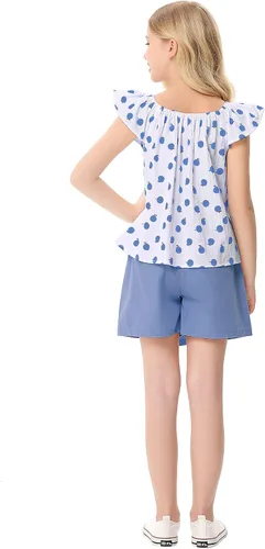 Vista 4 de Conjunto de 2 piezas de verano para niñas, camiseta y falda con estampado de lunares, camiseta y falda con pantalones cortos, de 3 a 11 años