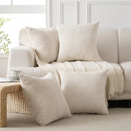 Vista 5 de Volcanics - Juego de 4 fundas de almohada de pana beige crema de 18 x 18 pulgadas Decorative Modern Double-Sided Striped Cushion Cases, Soft Boho