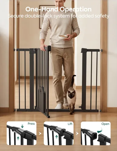 Vista 4 de Babelio - Puerta de seguridad con cierre automático para bebés con puerta para gatos, puerta de metal de 73-109 cm para puertas, escaleras, casa