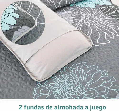 Vista 9 de Anibedding Juego de edredón con estampado floral verde, tamaño King, colcha de 3 piezas, elegante colcha de flores bohemias con 2 fundas de Gris