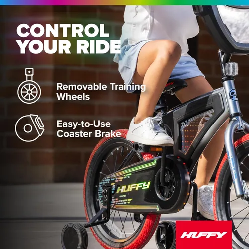 Vista 4 de Huffy Electro-Light Kid’s Bike with LED Lights, Durable Steel Frame, Coaster Brake, Removable Training Wheels, Ages 4-6, Grey/Red Gris/Rojo