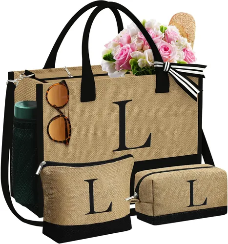 Vista 14 de YOOLIFE Regalos para mujeres, bolsa de yute con inicial y 2 bolsas de maquillaje, regalos personalizados para mujeres, profesores, mamá, amiga