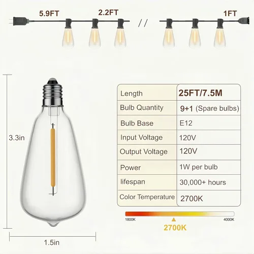 Vista 7 de Guirnalda de luces para exteriores de 25 pies, luces impermeables para patio con bombillas Edison ST38 vintage inastillables, luces colgantes