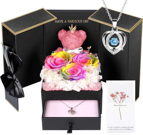 Vista 25 de AddWel Regalos de rosas para mujer, rosas azules reales preservadas con collar I Love You en 100 idiomas y lindo oso de musgo para novia, esposa