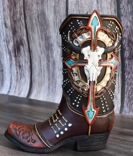 Vista 8 de Ebros Gift Rústica Country Western Cow Skull Turquesa Cruz y Alambres de púas de cuero sintético de vaquero Bota de vaquero decorativa florero