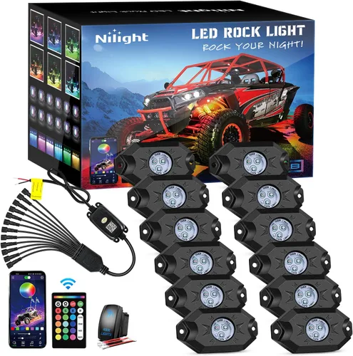 Vista 23 de Nilight Luz LED RGB para látigo, 2 unidades, 3 pies, con 4 luces de roca RGB-Látigo+Roca