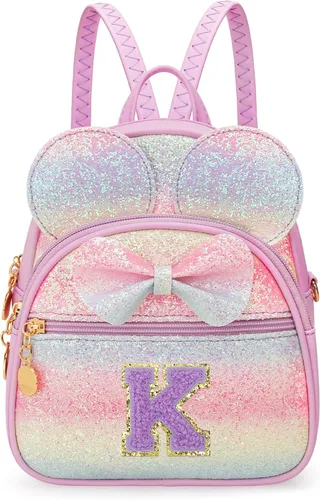 Vista 25 de KKXIU Mochilas Mini con Moño Inicial para Niñas y Mujeres, Linda Mochila Pequeña con Asa de Bolso, Regalos Personalizados para Niños, Arcoíris