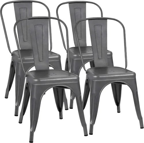 Vista 9 de Flamaker Sillas de comedor de metal para uso en interiores y exteriores, sillas laterales apilables con respaldo para cocina industrial, sillas Negro