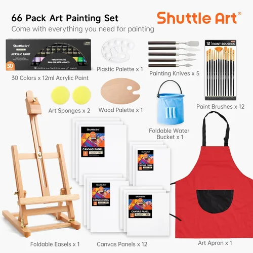 Vista 2 de Shuttle Art - Juego de 66 pinturas acrílicas, juego de pintura acrílica de 30 colores, caballete de madera, lienzo de pintura, pinceles de pintura