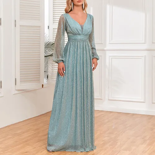 Vista 7 de Vestido bohemio para mujer, Brillante, Vestidos Fiesta cóctel, lentejuelas, fluido, largo, midi, cintura fruncida