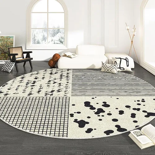 Vista 20 de Modernas alfombras redondas de color marfil a rayas negras para dormitorio, sala de estudio, simple moda abstracta, alfombra de área circular de 2