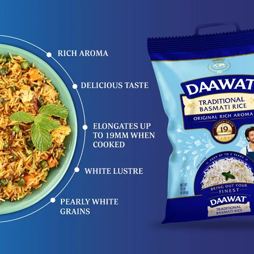 Vista 3 de Arroz blanco basmati tradicional Daawat - Arroz basmati auténtico de grano extra largo - Bolsa de 10 libras
