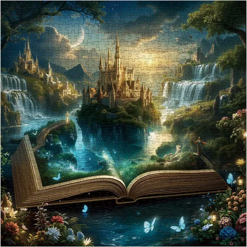 Vista 8 de Hermoso libro valle rompecabezas para adultos, 1000 piezas de naturaleza, bonita luna, cascada de paisaje, rompecabezas escénico de castillo