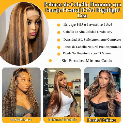 Vista 4 de Peluca de cabello humano con encaje frontal HD de 13x4, color rubio miel, con reflejos degradados, lacio, prearrancada 4/27, peluca frontal