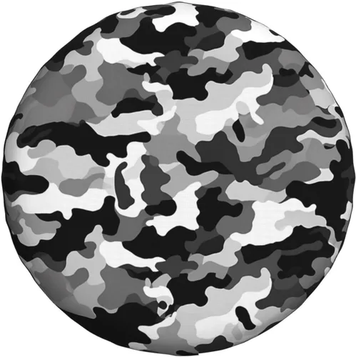 Vista 9 de Funda protectora de rueda de repuesto de camuflaje negro, gris y blanco, protección solar resistente a la intemperie, ajuste universal