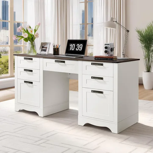 Vista 11 de VEVOR Escritorio ejecutivo de 63 pulgadas, mesa de oficina rectangular grande y moderna, mesa ejecutiva de madera resistente con orificio de Nogal