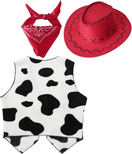 Vista 2 de Disfraz de vaca de Halloween para niñas, disfraz de vaca, chaleco sin mangas con sombrero, bandana, conjuntos de 3 piezas