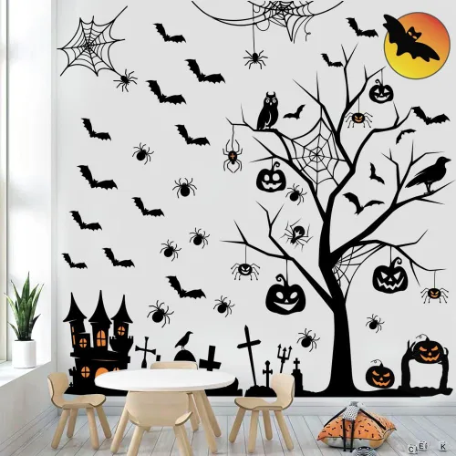 Vista 6 de Calcomanías de pared de Halloween, murciélagos altos para decoración del hogar, arte extraíble para ventanas, suministros de fiesta