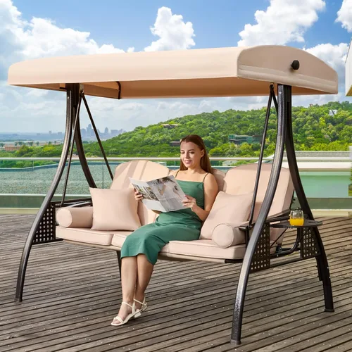 Vista 10 de Columpio de porche para exteriores 3 en 1 con toldo ajustable, columpio de 3 asientos para adultos, columpio de patio con cojines gruesos, almohadas
