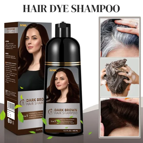 Vista 2 de Ivnil - Champú de tinte para cabello castaño oscuro para cobertura de cabello gris, champú permanente 3 en 1 para canas, Champu con tinte