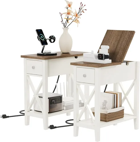 Vista 9 de ChooChoo Mesa auxiliar, mesa auxiliar estrecha abatible con estación de carga Narrow Side Table with USB Ports and Outlets, Nightstand with