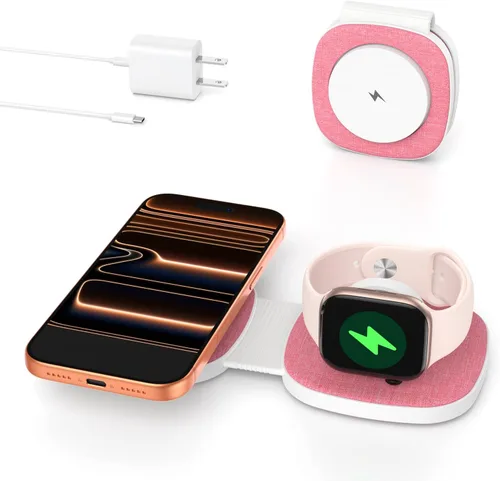 Vista 10 de Cargador inalámbrico plegable 2 en 1 Mag-Safe para iPhone 16 15 14 13 12 Series, Apple Watch Series/Ultra/SE, Airpods/Pro, cargador Magsafe portátil