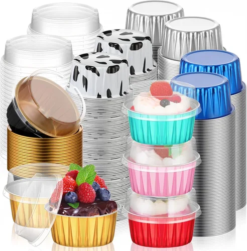 Vista 14 de 120 Pcs Moldes de Papel de Aluminio para Hornear Mini Moldes para Pasteles con Tapas 5 oz Forros para Cupcakes Moldes Desechables para Magdalenas