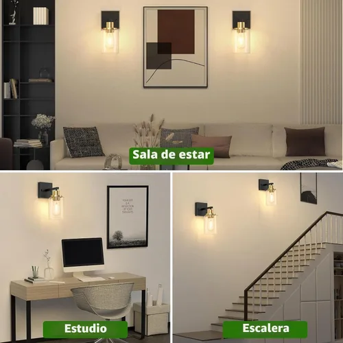 Vista 6 de Licperron Juego de 2 apliques de pared negros y dorados con pantalla de vidrio transparente, accesorios de luz de tocador mate negros, luces