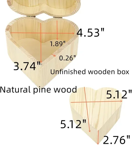 Vista 2 de Caja de madera sin terminar en forma de corazón Madera de pino natural Cajas de madera DIY Craft con tapa para manualidades de almacenamiento