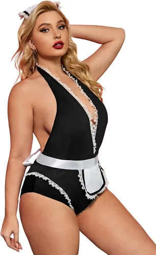 Vista 2 de Romwe Conjunto de traje de encaje elástico para mujer de Lingeire de talla grande