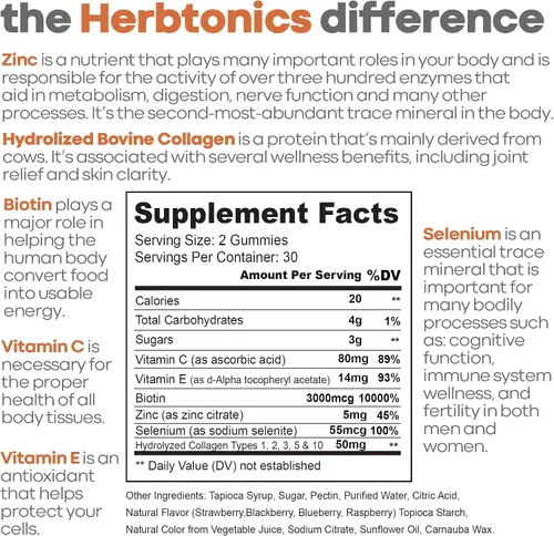 Vista 2 de Herbtonics Gomitas de colágeno múltiple tipo 1, 2, 3, 5 y 10 con biotina para el crecimiento del cabello, la piel, las uñas, fórmula