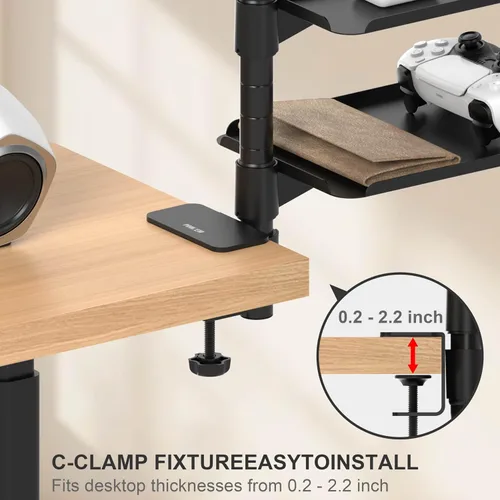 Vista 5 de Estante de Escritorio de Metal de 3 Niveles con Abrazadera – Almacenamiento giratorio de 360° encima/debajo de la mesa, organizador de escritorio