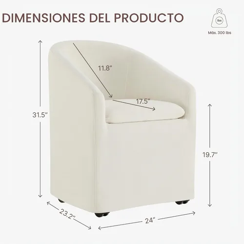 Vista 2 de KISLOT Juego de 1 sillas de comedor tapizadas con ruedas, color beige